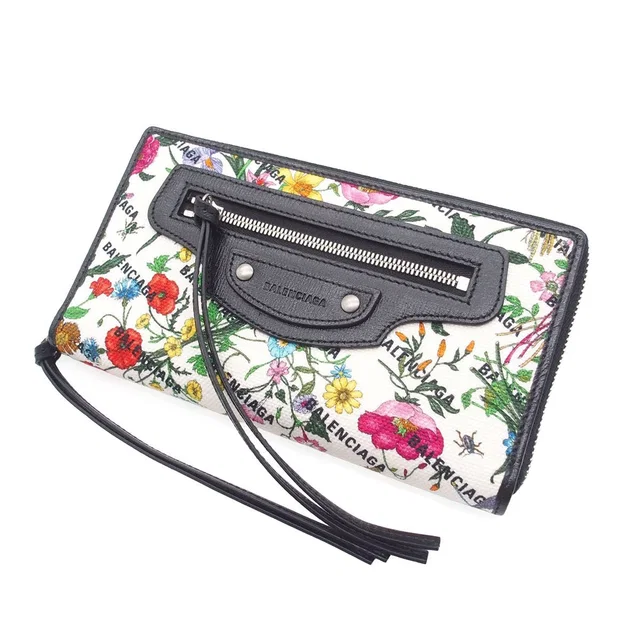 Balenciaga Neo Classic Wallet White Black Multicolor Canvas Leather Flora Print in Black Canvas from The Reluxe