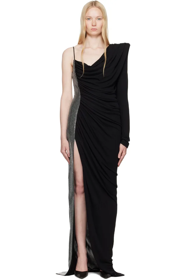 BALMAIN Black Draped Asymmetrical Two-Material Maxi Dress, image 1 of 1 from SSENSE