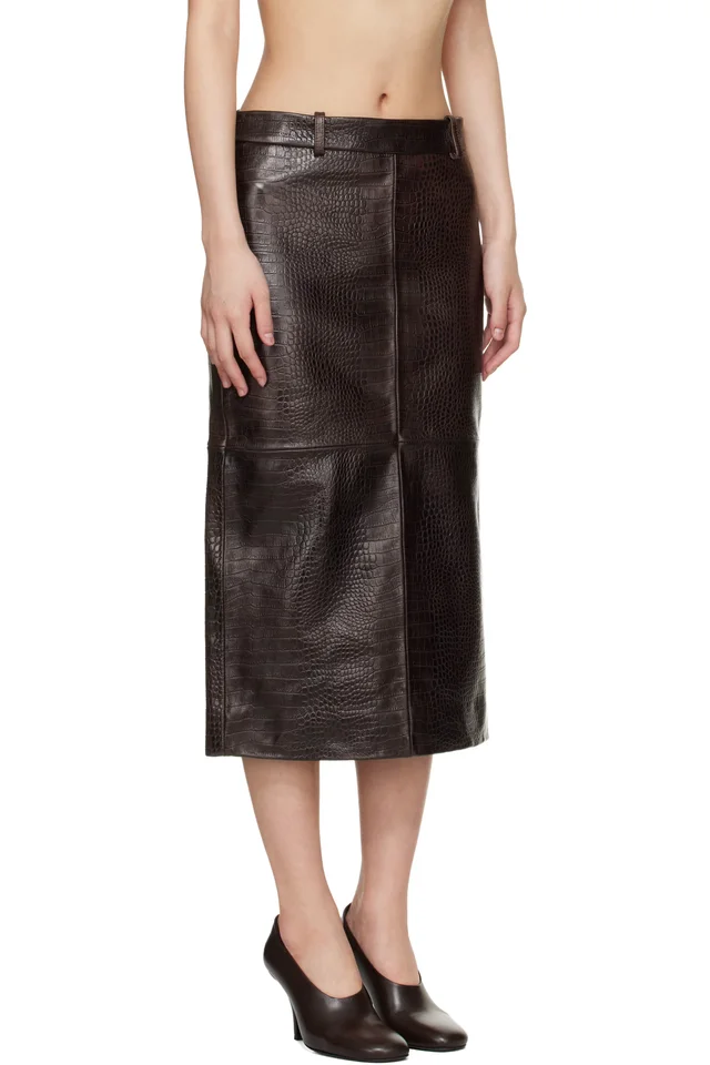 The Frankie Shop Brown Taney Pencil Croc Leather Midi Skirt, photo 2 of 4 from SSENSE