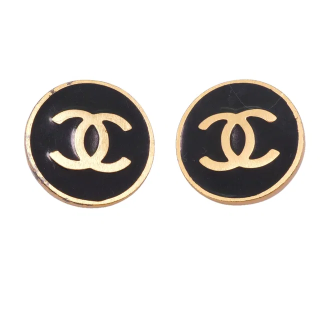 Chanel Earrings Vintage CC Logo Round Circle Gold Plated Black in Black from The Reluxe