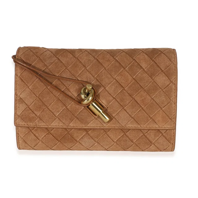 Bottega Veneta Tan Intrecciato Suede Small Andiamo Pouch Brown Leather Handbag in Brown Suede from HEWI