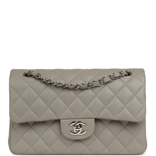 Chanel Small Classic Double Flap Bag Grey Lambskin Silver Hardware in Grey Lambskin from Madison Avenue Couture