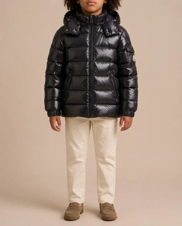 Moncler Black Hooded Logo Puffer Jacket Size 4 Years in Black from Sellier