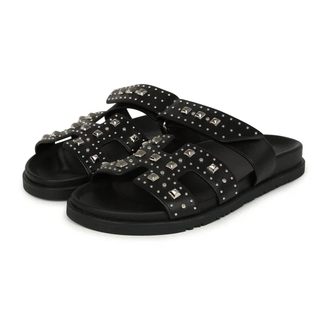 Hermès Chypre Techno Sandals Black Studded Calfskin Palladium Hardware 38 EU in Black Calfskin from Madison Avenue Couture