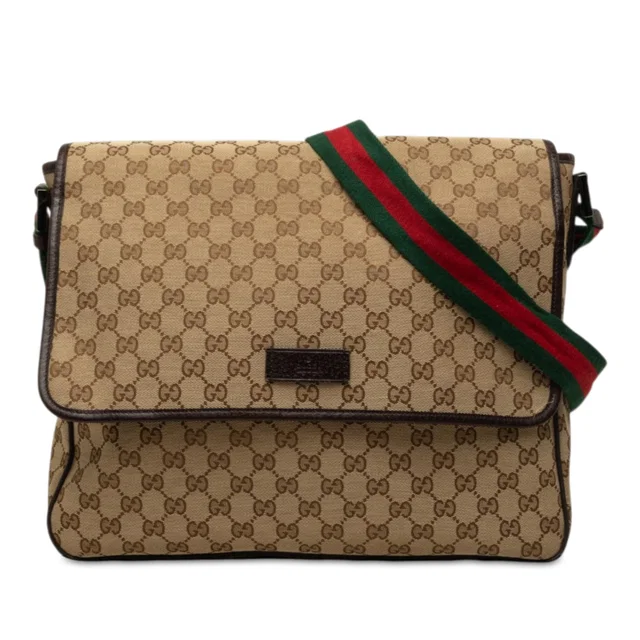 Beige Gucci GG Canvas Web Flap Messenger Bag in Beige Canvas from Designer Revival