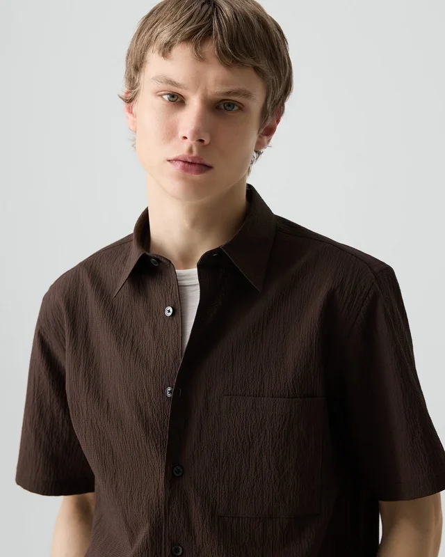 Theory Noll Short-Sleeve Shirt in Kelso Nylon in ESPRESSO BEAN, photo 12 of 14 from Theory