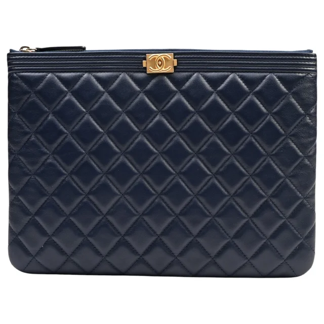 Boy Chanel clutch bag, navy, manufactured around 2017 in Navy Leather from VINTAGE QOO TOKYO