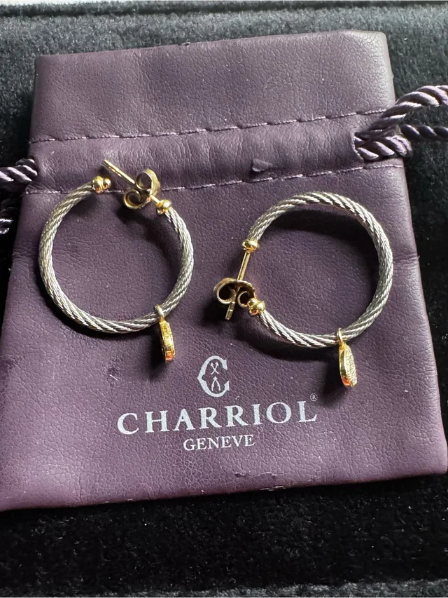 Charriol Two-Tone Cable Hoop Earrings With Pav Teardrop Charm - Gold & Silver in gold|gray|silver from Poshmark