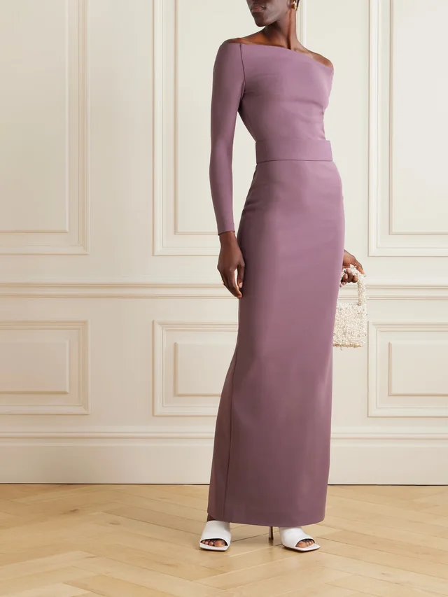SOLACE LONDON Sabina off-the-shoulder stretch-crepe maxi dress in Purple, photo 2 of 2 from NET-A-PORTER (Canada)