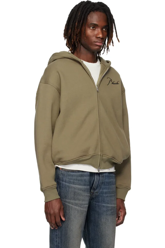 Rhude Khaki Classique Zip Up Hoodie, photo 2 of 4 from SSENSE