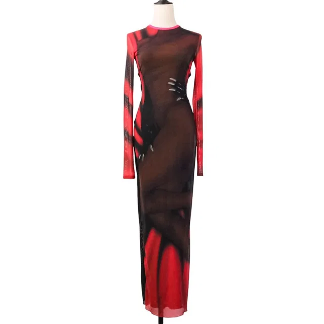 Loewe Power Net Body Print Dress Long Sleeve XS Red Black in Black from The Reluxe