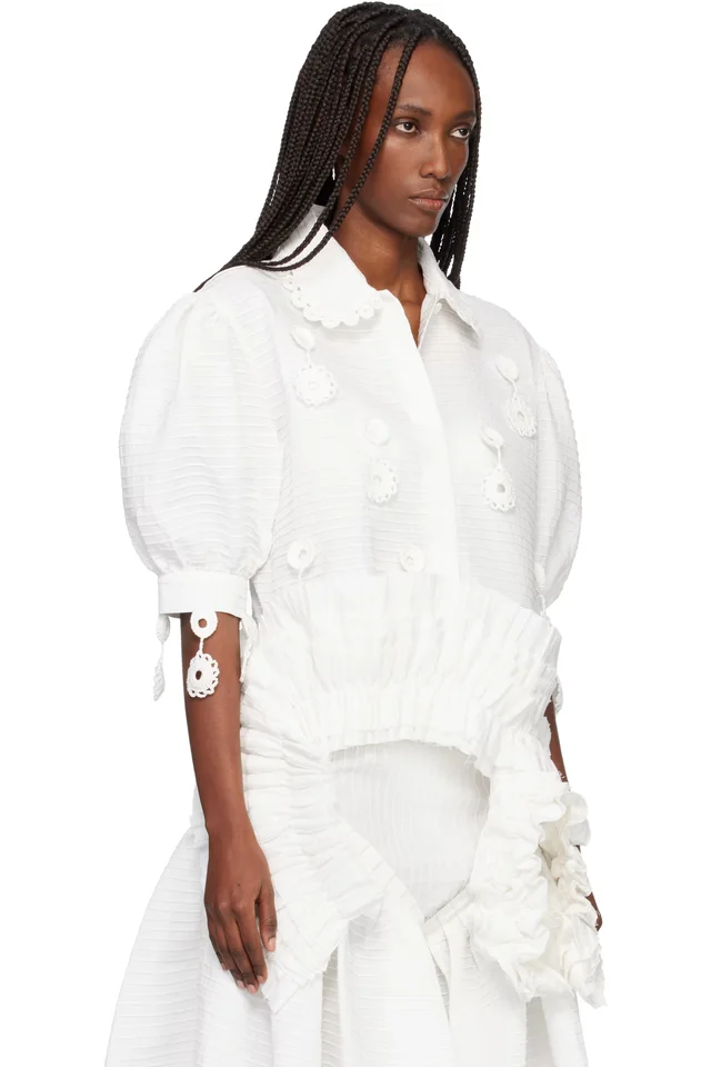 Róisín PIERCE White Iced Crochet And Ivory Pintuck Shirt, photo 2 of 2 from SSENSE
