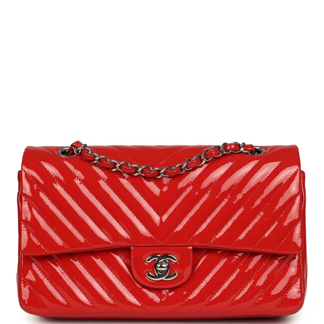 Chanel Medium Chevron Classic Double Flap Bag Red Patent Leather Silver Hardware in Red Patent leather from Madison Avenue Couture