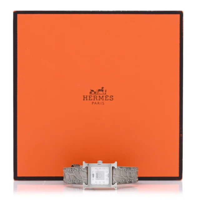 Hermès Stainless Steel Alligator Diamond Mother of Pearl 17.2mm Heure H Hour Quartz Watch Gris Perle in Grey Crocodile from FASHIONPHILE, photo 5 of 5