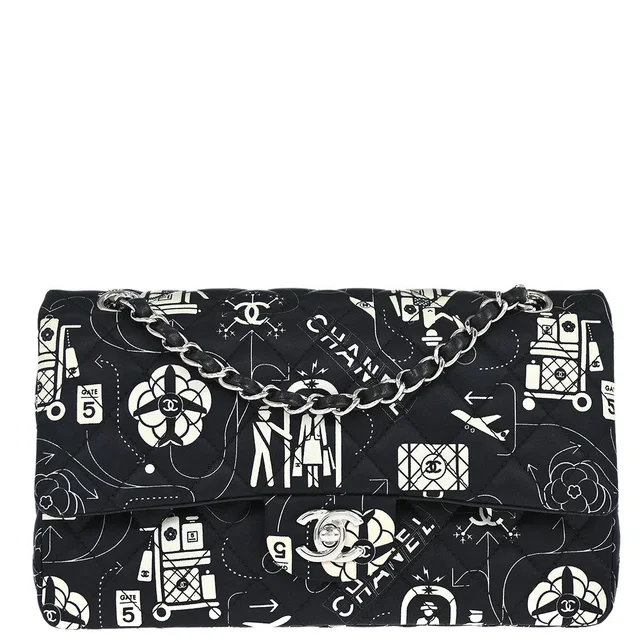 Chanel 2016-2017 Black Satin Airline Medium Classic Double Flap Shoulder Bag in Black Satin from AMORE Vintage Tokyo