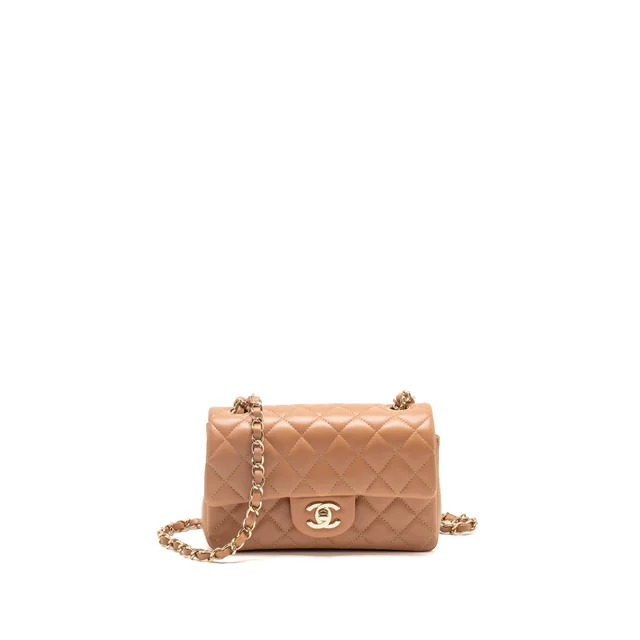 Chanel classic mini rectangular flap bag lambskin dark beige LGHW in Beige Lambskin from EMIER
