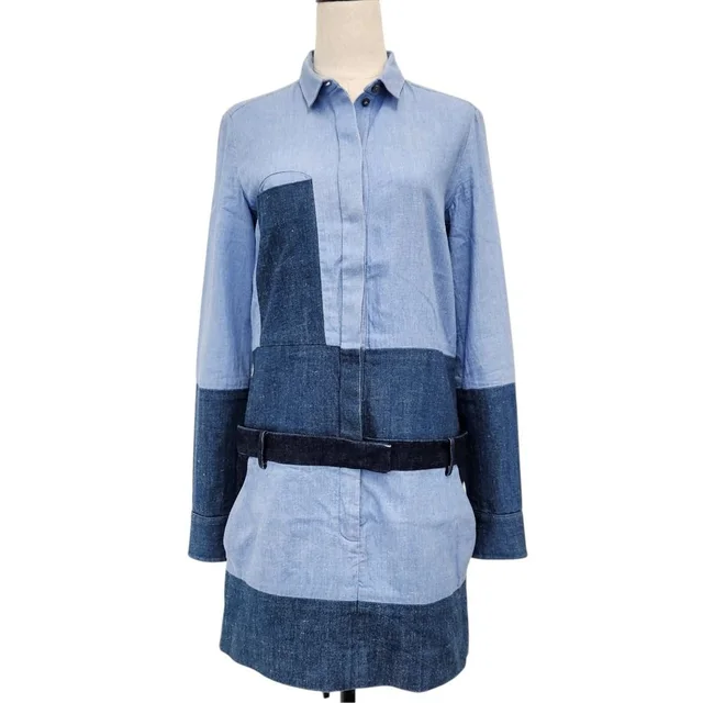 Celine Phoebe Philo Era Pattern Contrast Denim Shirt Dress Indigo Blue Long 38 in Blue Denim from The Reluxe