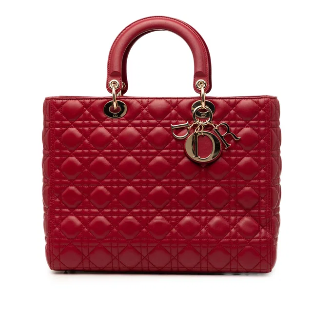 Red Dior Large Lambskin Cannage Lady Dior Satchel in Red Lambskin from Designer Revival