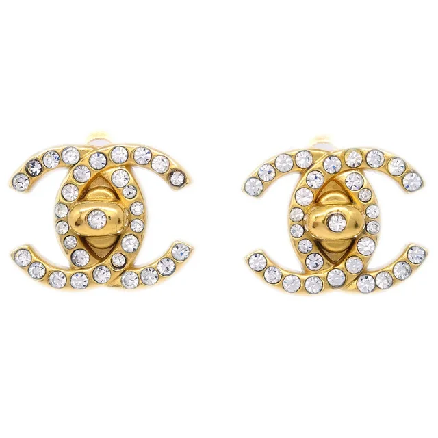 Chanel Gold CC Turnlock Earrings Rhinestone Clip-On Small 96A in Gold from AMORE Vintage Tokyo