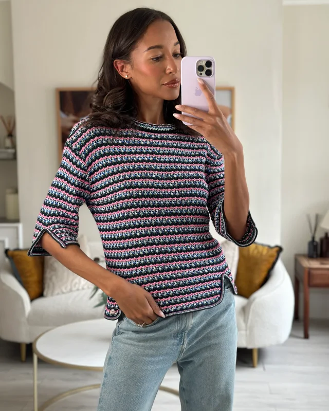 Chanel Pink, Black Metallic Green Mid-Sleeve Top FR 38 (UK 10) in Black Tweed from Sellier, photo 6 of 14