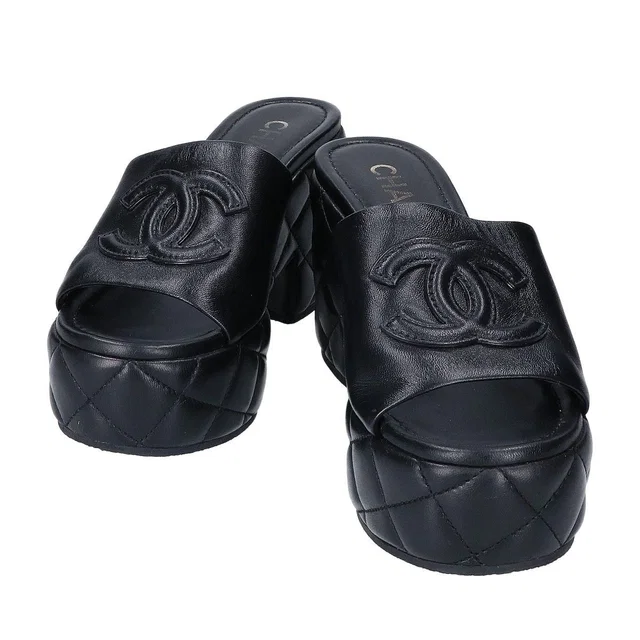 Chanel CC Logo Quilted Platform Sandals 37C in Lambskin from The Reluxe