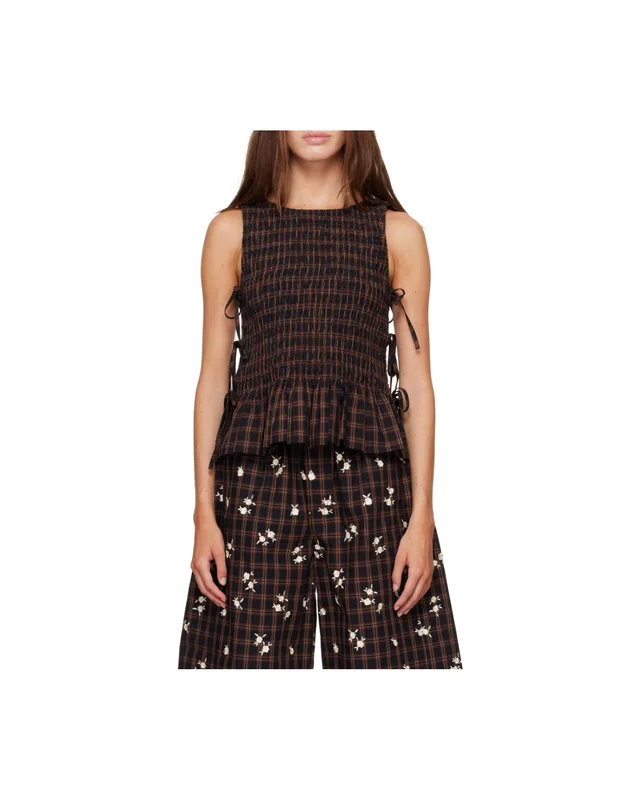 Ganni Smocked Check Lace-Up Top, photo 7 of 8 from SENSER