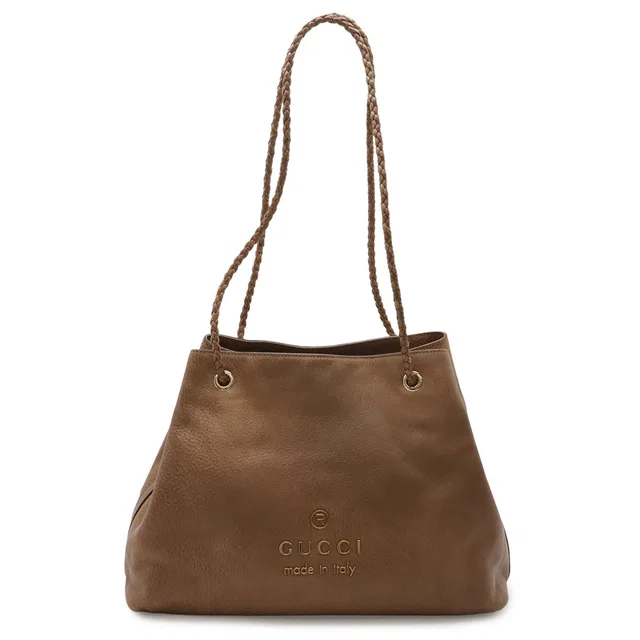 Gucci Logo Shoulder Bag Tote Brown Beige Gold in Brown Leather from The Reluxe