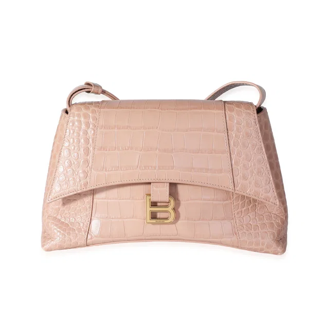 Balenciaga Beige Croc Embossed Hourglass Downtown Shoulder Bag in Beige Crocodile from myGemma