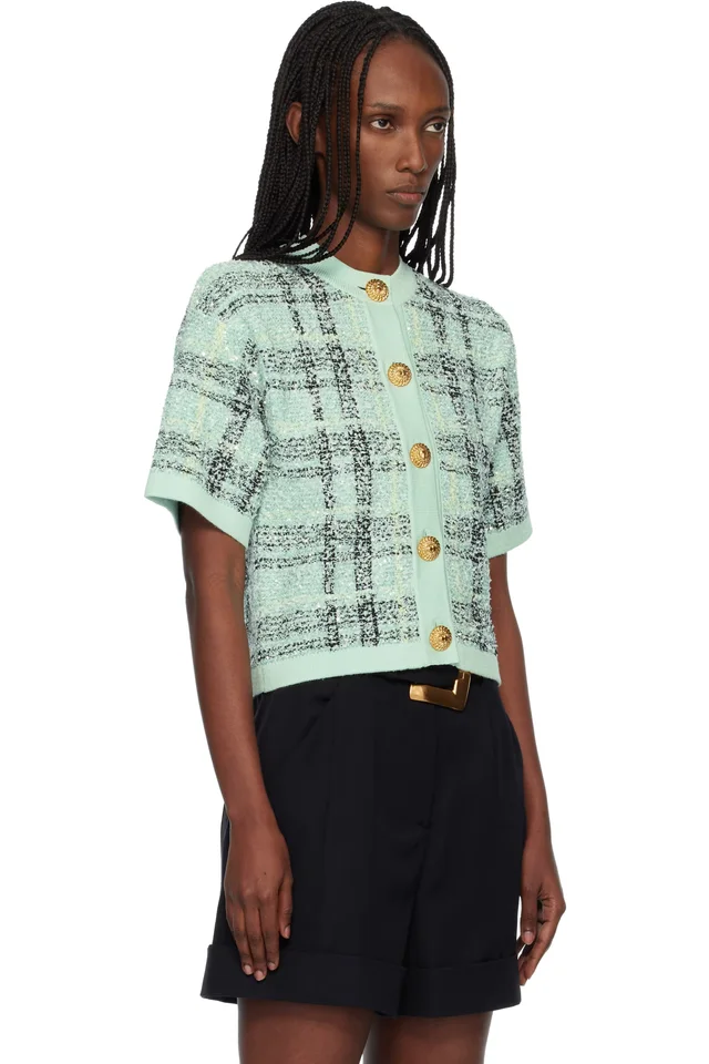 BALMAIN Green Buttoned Shiny Light Tweed Cardigan, photo 2 of 4 from SSENSE