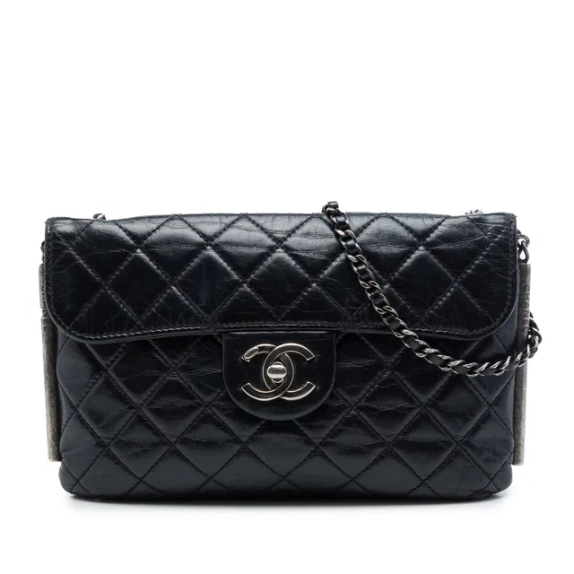 Black Chanel CC Quilted Aged Calfskin Embossed LAX Flap Crossbody Bag in Black Calfskin from Designer Revival