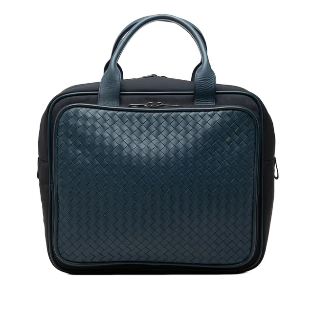 Blue Bottega Veneta Bicolor Nappa Intrecciato Trimmed Canvas Business Bag in Blue Nappa leather from Designer Revival