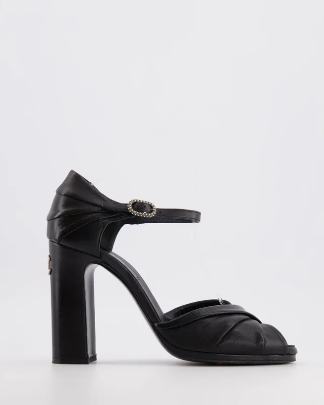 Chanel Black Heeled Twist Sandals with Pearl Embellished CC Logo Size EU 40.5C in Black Leather from Sellier