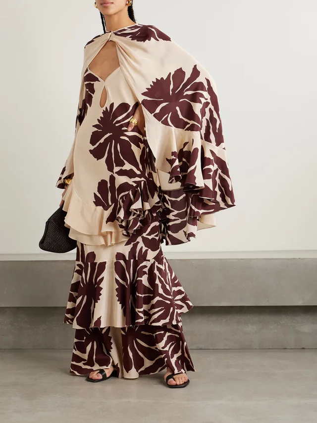 JOHANNA ORTIZ Aromatic Garden ruffled printed silk crepe de chine cape in Orange, photo 2 of 2 from NET-A-PORTER (Canada)
