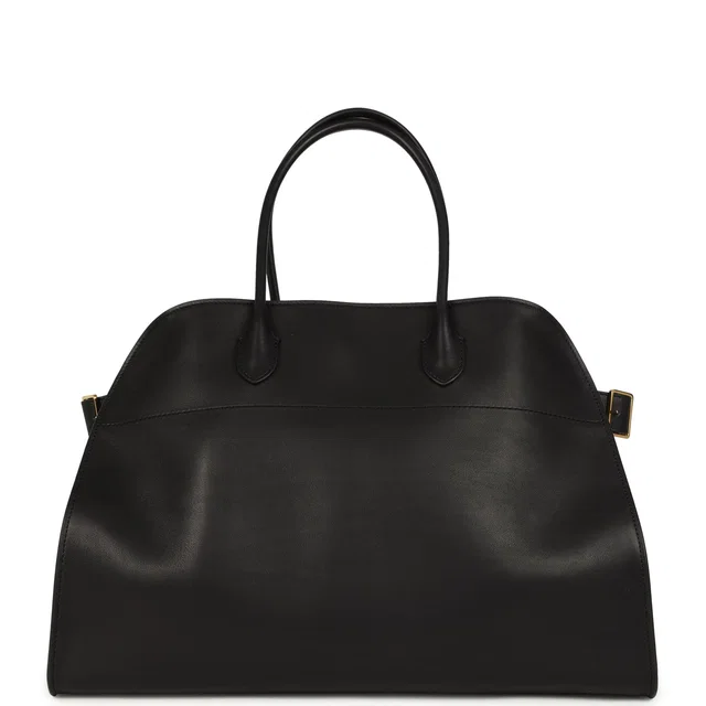 The Row Soft Margaux 17 Bag Black Saddle Gold Hardware in Black Canvas from Madison Avenue Couture