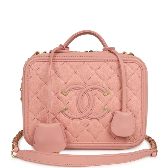 Chanel Medium CC Filigree Vanity Case Pink Caviar Brushed Gold Hardware in Pink Caviar leather from Madison Avenue Couture