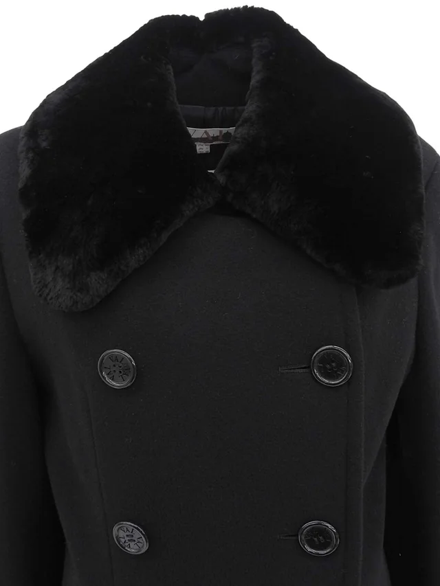 Valentino Garavani Faux Fur Collar Logo Button Double Breasted Coat #40 Black in Black Wool from VINTAGE QOO TOKYO, photo 2 of 2