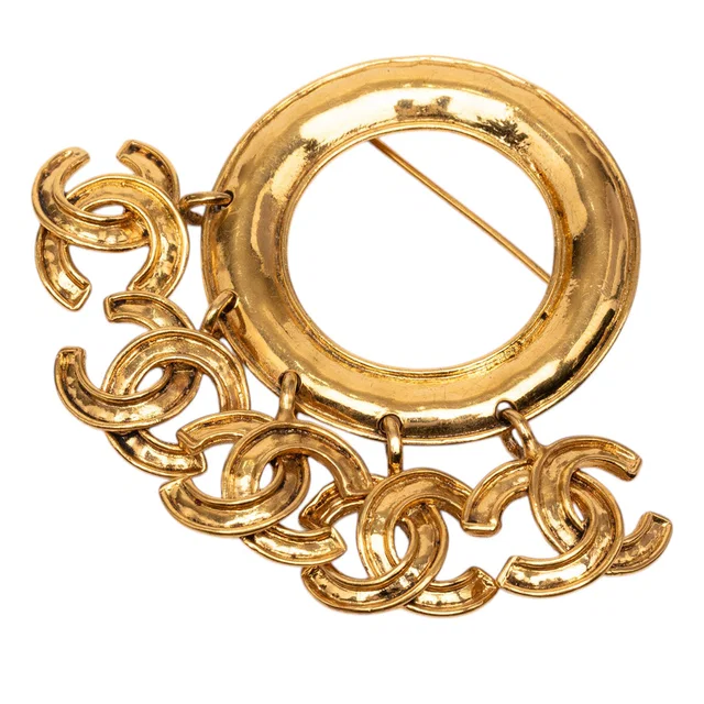 Gold Chanel CC Gold Plated Five Charm Ring Brooch in Gold from Designer Revival