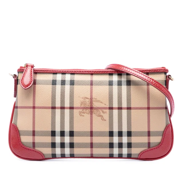 Red Burberry Haymarket Check Coated Canvas Peyton Crossbody in Red Coated canvas from Designer Revival