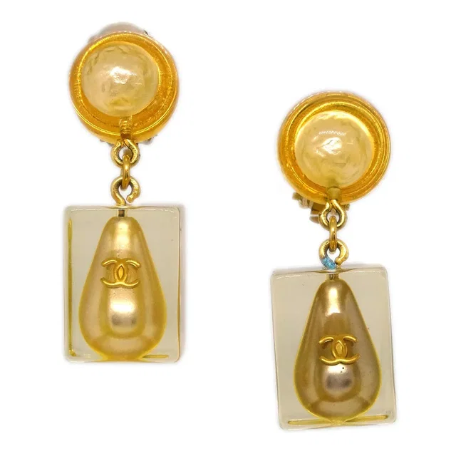 Chanel Dangle Earrings Clip-On Gold 97P in Gold Resin from AMORE Vintage Tokyo