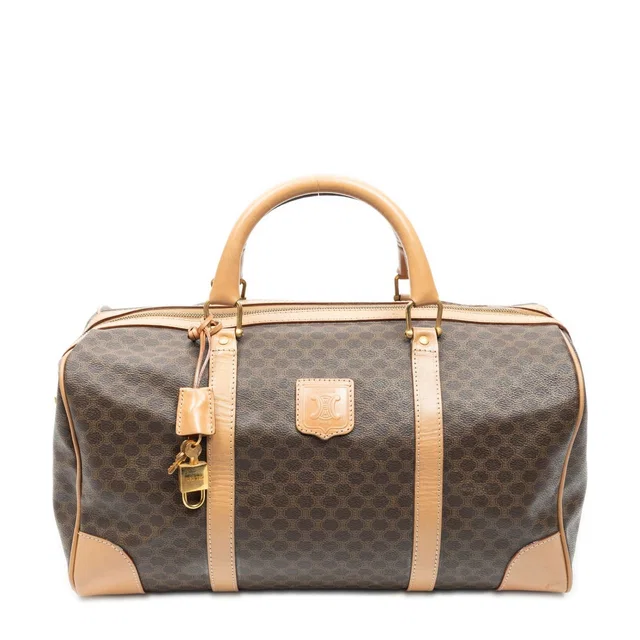 Celine Vintage Medium Travel Boston Beige Brown Macadam Canvas Handbag in Brown Canvas from The Reluxe