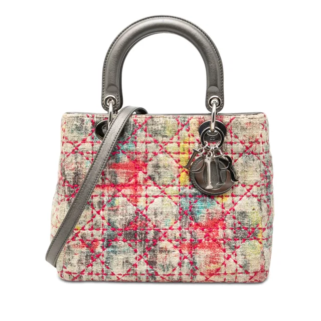 Beige Dior Medium Multicolor Tweed Cannage Lady Dior Satchel in Beige Tweed from Designer Revival