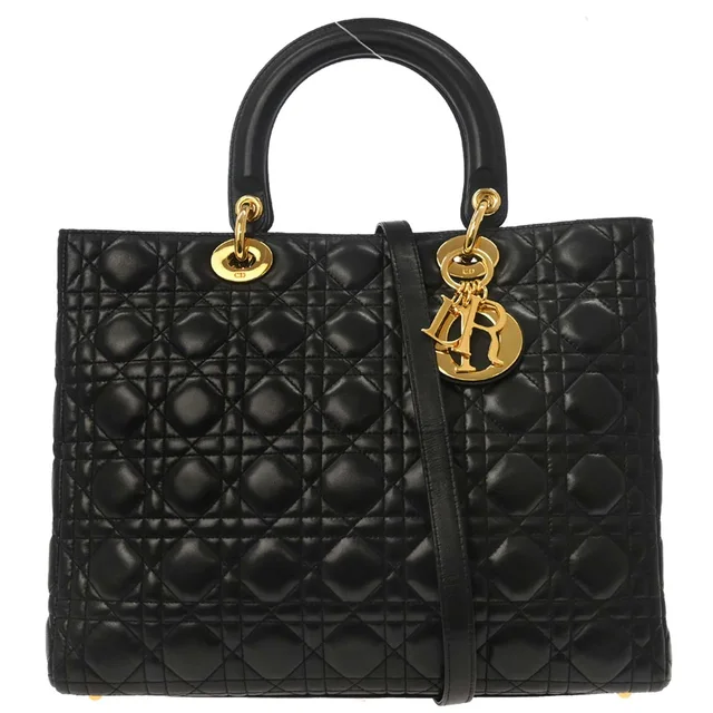 Black Lambskin Large Lady Dior Cannage 2way Shoulder Handbag in Black Lambskin from AMORE Vintage Tokyo