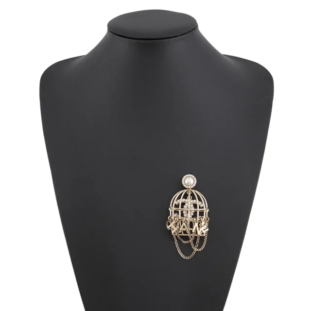 Chanel CC Logo Birdcage Motif Brooch Gold Metal Faux Pearl Rhinestone in Gold from GALLERY RARE, photo 5 of 12