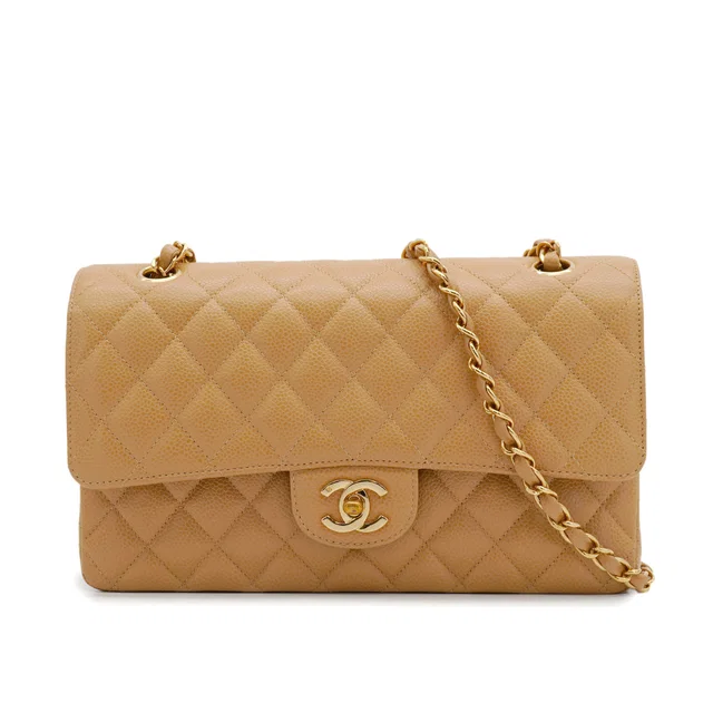 Chanel Vintage Classic Flap Medium Chain Shoulder Bag Beige Caviar Skin Gold Hardware in Beige Caviar leather from Luxury Promise