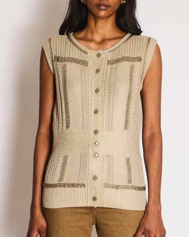 Chanel 08/P Beige Metallic Vest with Chain Trim Detail Size FR 42 (UK 14) in Beige from Sellier
