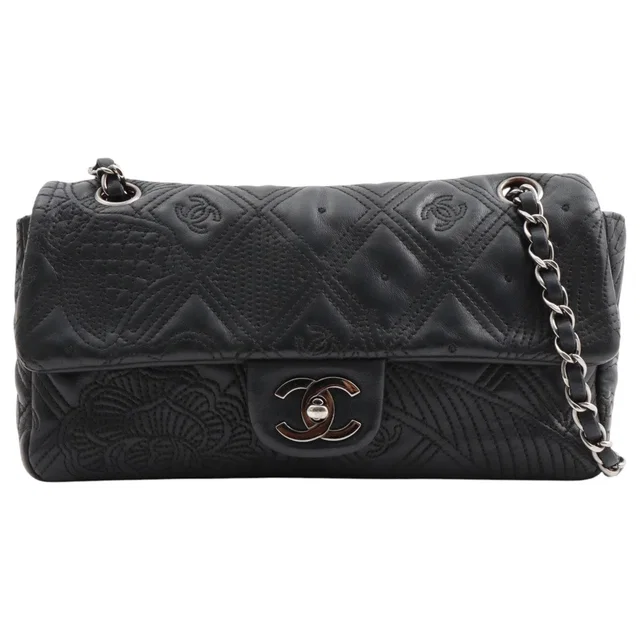 Chanel Circa 2005 Design Stitch CC Turn-Lock Chain Shoulder Bag, Black in Black Lambskin from VINTAGE QOO TOKYO
