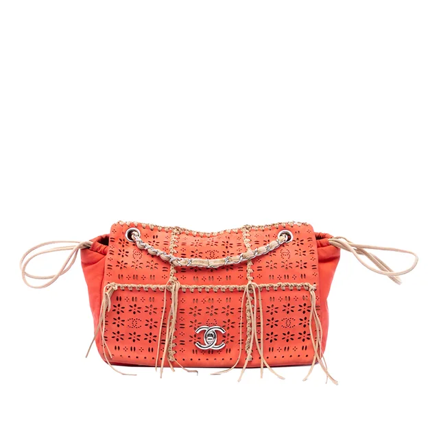 Orange Chanel Laser Cut Fringe Suede Flap Shoulder Bag in Orange Suede from Designer Revival