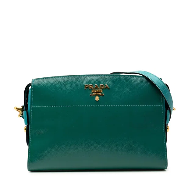 Green Prada Bicolor Saffiano Vernice Esplanade Crossbody in Green Saffiano leather from Designer Revival