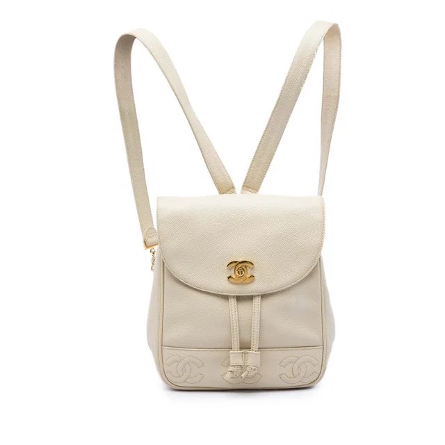 White Chanel Caviar Triple CC Backpack in White Caviar leather from Designer Revival