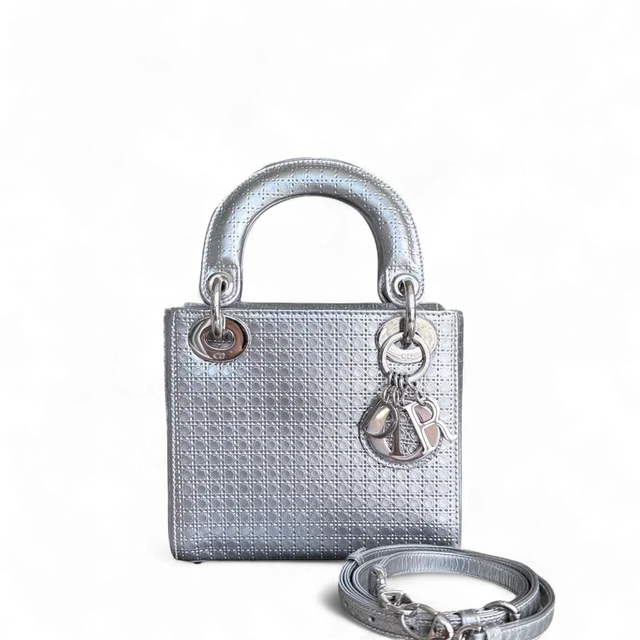 Dior Lady Mini - Micro Cannage Metallic Silver Hardware Adjustable Strap from Luxury Promise